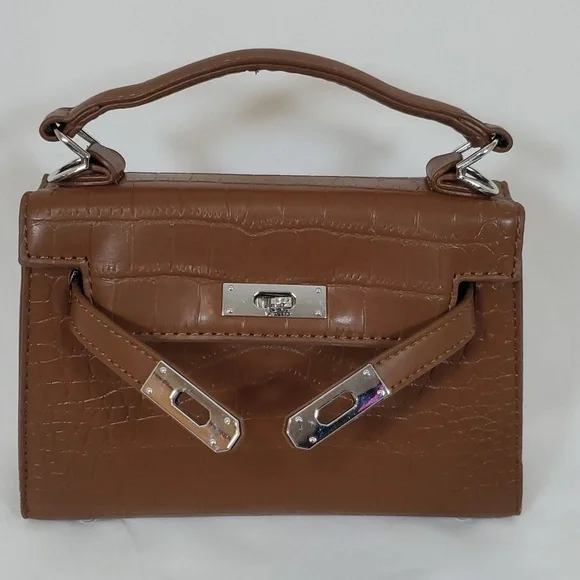 NEW BROWN CROC EMBOSSED FAUX LEATHER SMALL SATCHEL CROSSBODY BAG - Picture 13 of 13